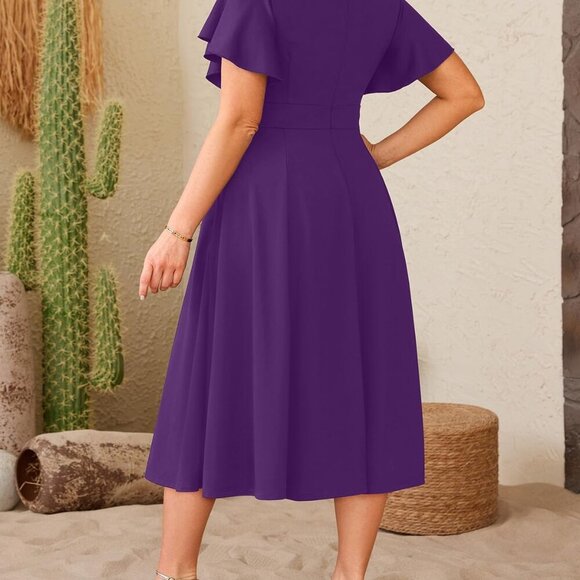 Women Plus Size Dresses for Wedding Guest - Cocktail Semi Formal A-Line Midi Dre - Picture 4 of 5